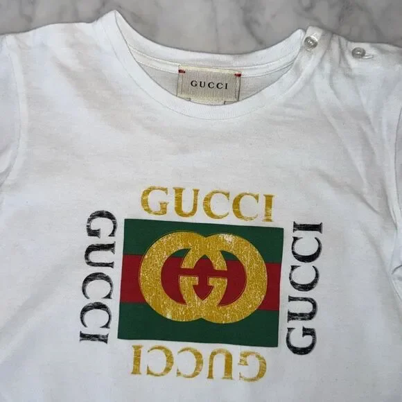 Gucci White and Green Short Sleeve Tees 36M - Picture 2 of 7